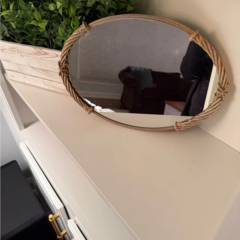 Vintage Stylebuilt Oval Mirrored Vanity Tray Organizer Rope Bow Gold Tone